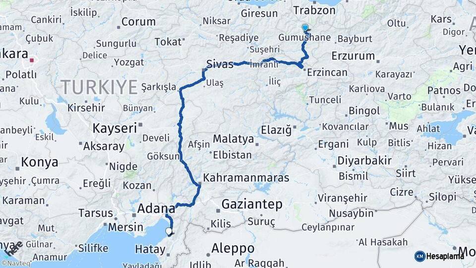 Gümüşhane İskenderun Hatay Arası Kaç Km - Yol Haritası