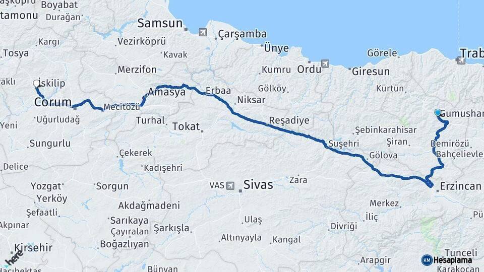 Gümüşhane İskilip Çorum Arası Kaç Km - Yol Haritası