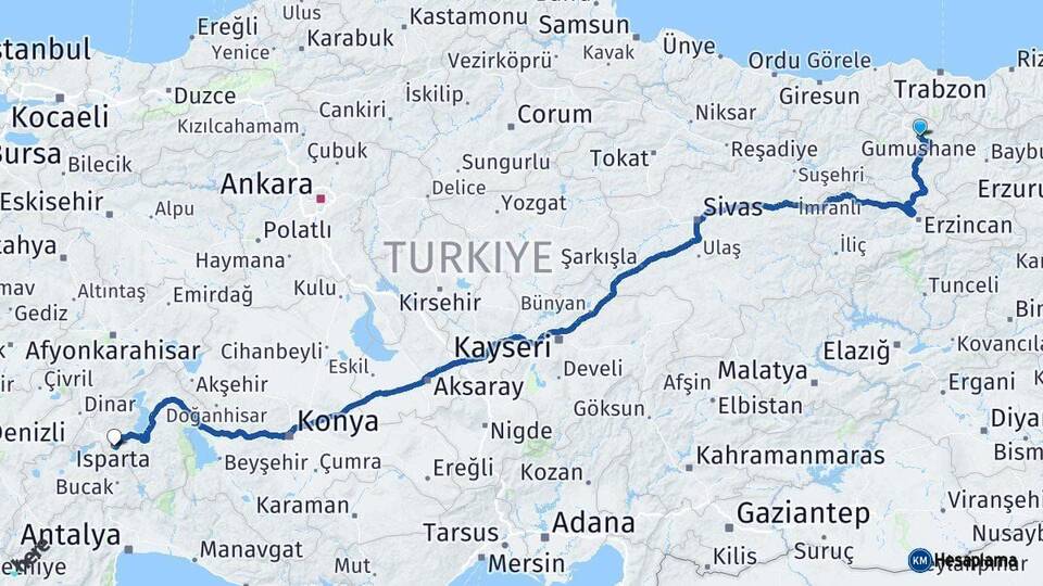 Gümüşhane Isparta Arası Kaç Km - Yol Haritası