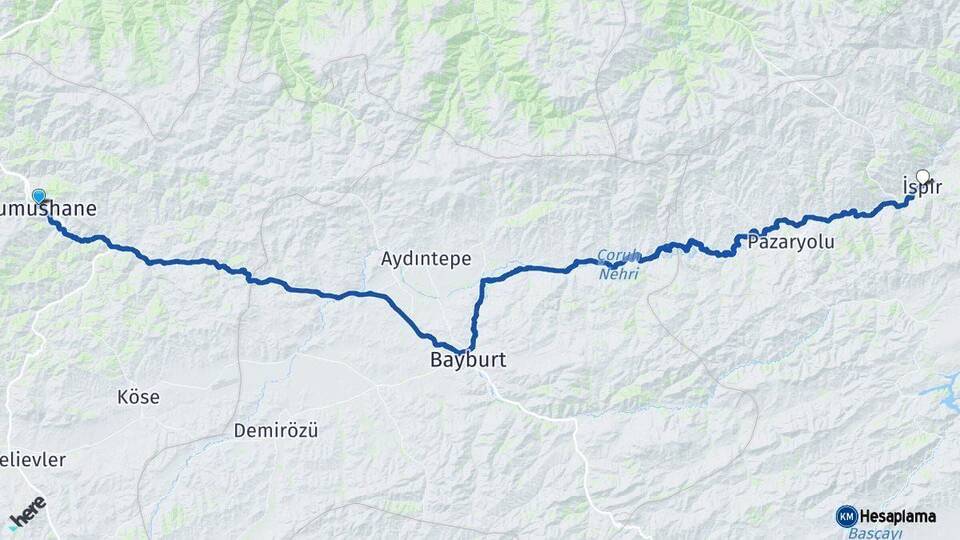 Gümüşhane İspir Erzurum Arası Kaç Km - Yol Haritası