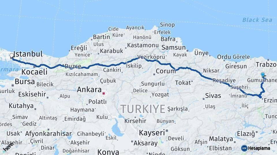 Gümüşhane İstanbul Arası Kaç Km - Yol Haritası