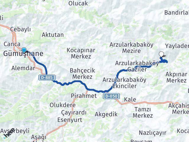 Gümüşhane Kaletaş Arası Kaç Km - Yol Haritası