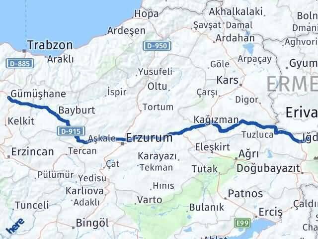 Gümüşhane Karakoyunlu Iğdır Arası Kaç Km - Yol Haritası