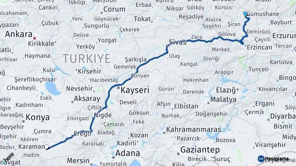 Gümüşhane Karaman Arası Kaç Km - Yol Haritası