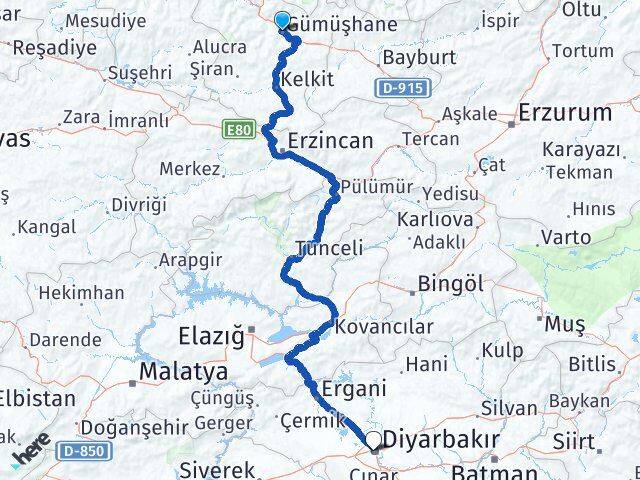 Gümüşhane Kayapınar Diyarbakır Arası Kaç Km - Yol Haritası