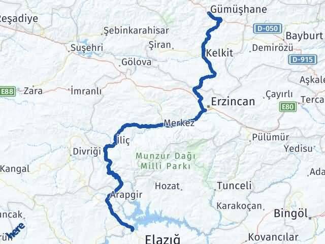 Gümüşhane Keban Elazığ Arası Kaç Km - Yol Haritası