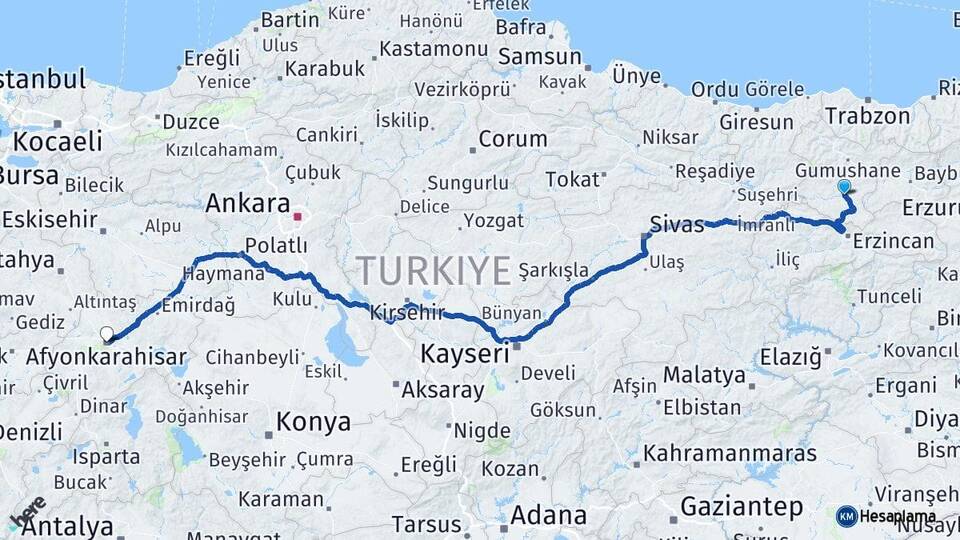 Gümüşhane Kelkit Afyonkarahisar Arası Kaç Km - Yol Haritası