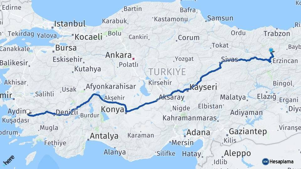 Gümüşhane Kelkit Aydın Arası Kaç Km - Yol Haritası