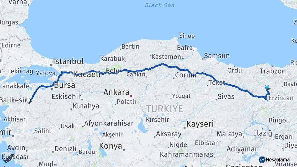 Gümüşhane Kelkit Balıkesir Arası Kaç Km - Yol Haritası