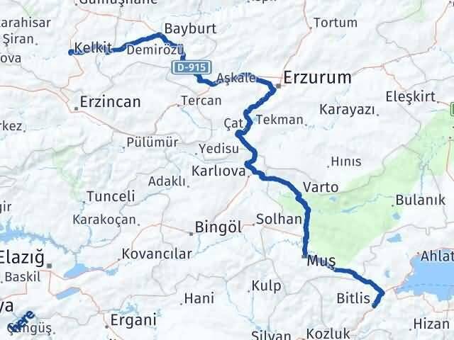 Gümüşhane Kelkit Bitlis Arası Kaç Km - Yol Haritası
