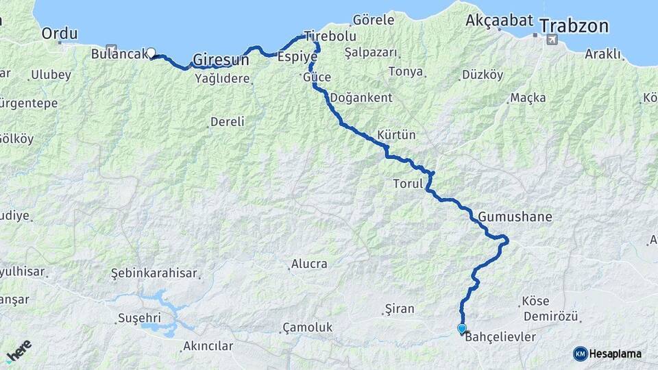 Gümüşhane Kelkit Bulancak Giresun Arası Kaç Km - Yol Haritası