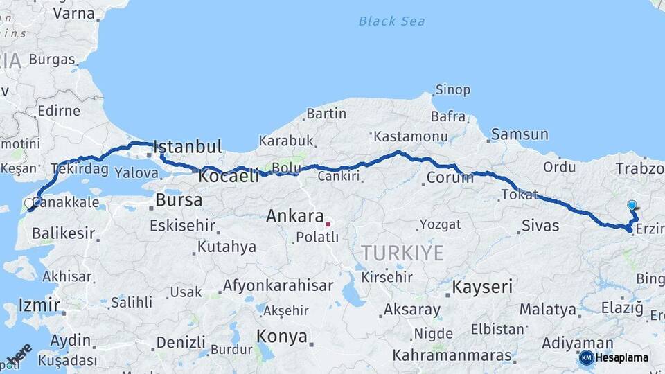 Gümüşhane Kelkit Çanakkale Arası Kaç Km - Yol Haritası