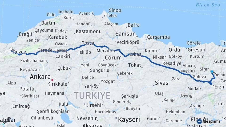 Gümüşhane Kelkit Düzce Arası Kaç Km - Yol Haritası