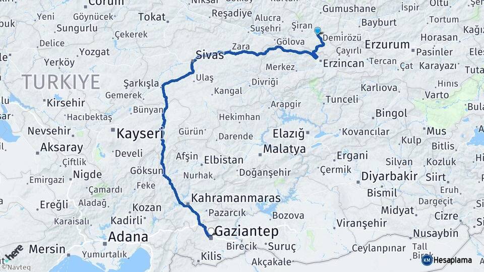 Gümüşhane Kelkit Gaziantep Arası Kaç Km - Yol Haritası