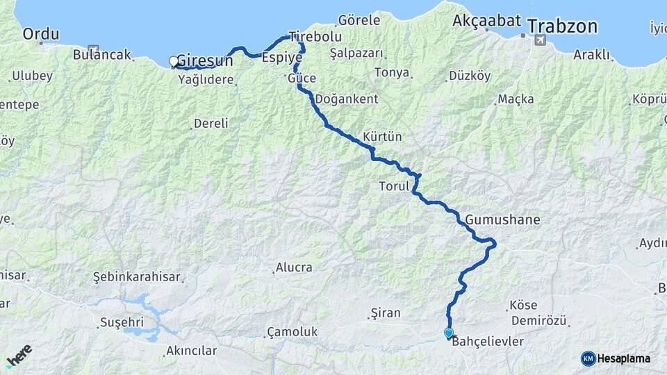 Gümüşhane Kelkit Giresun Arası Kaç Km - Yol Haritası