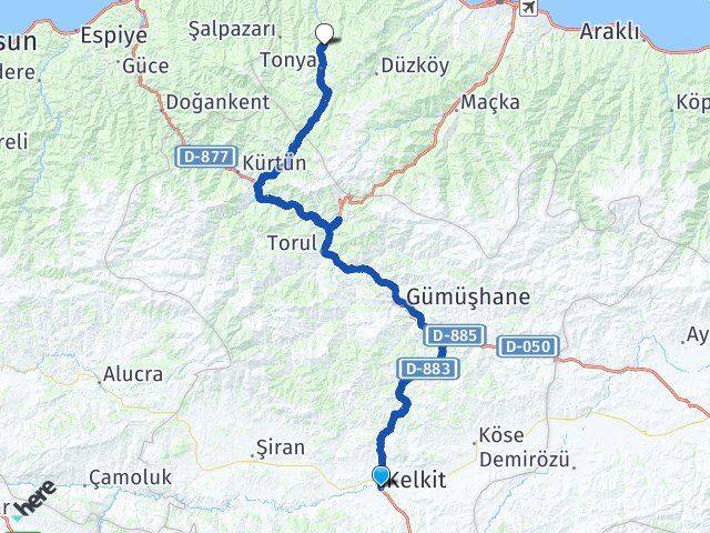 Gümüşhane Kelkit Karaağaçlı Tonya Trabzon Arası Kaç Km - Yol Haritası