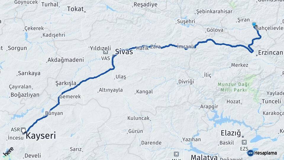 Gümüşhane Kelkit Kayseri Arası Kaç Km - Yol Haritası