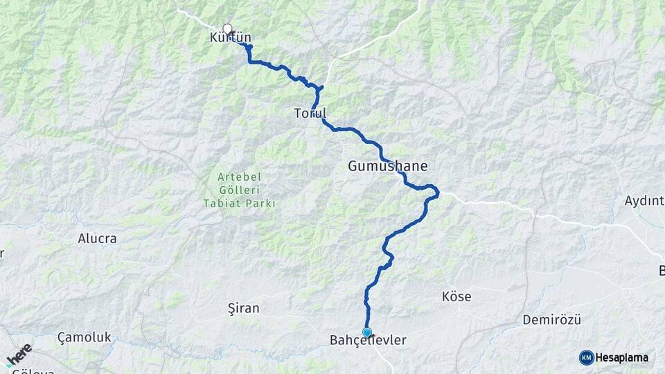 Gümüşhane Kelkit Kürtün Arası Kaç Km - Yol Haritası