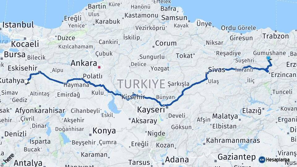 Gümüşhane Kelkit Kütahya Arası Kaç Km - Yol Haritası