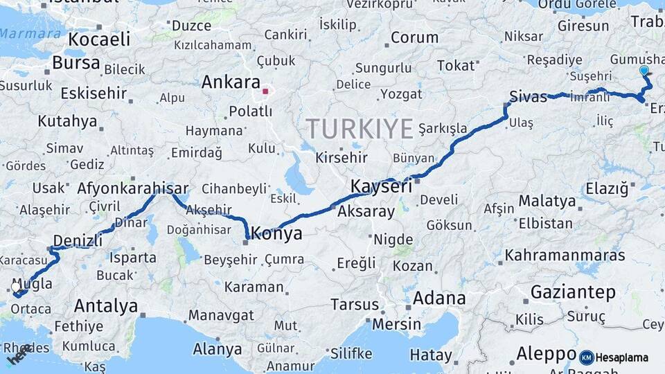Gümüşhane Kelkit Muğla Arası Kaç Km - Yol Haritası