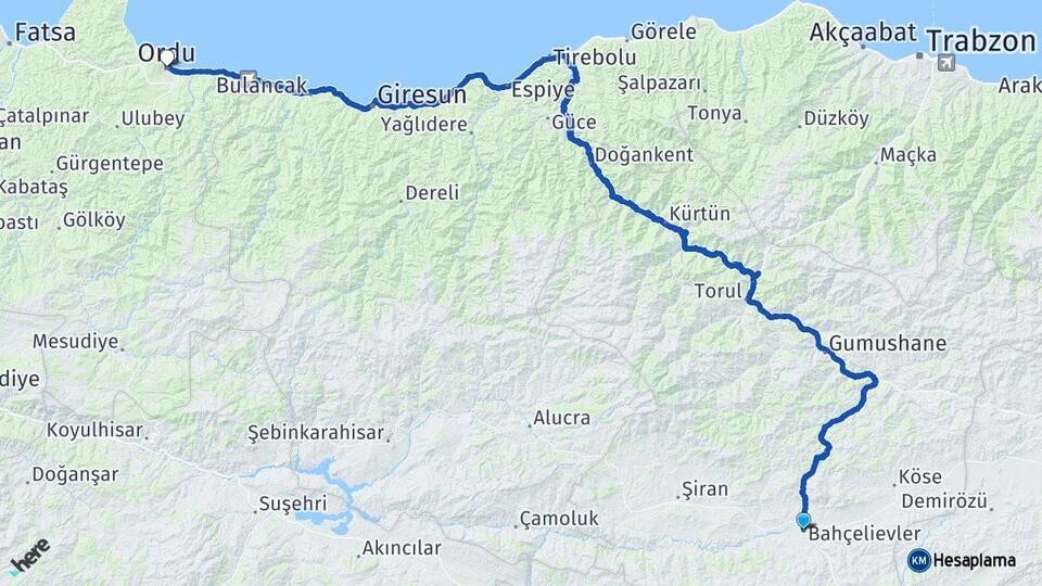 Gümüşhane Kelkit Ordu Arası Kaç Km - Yol Haritası