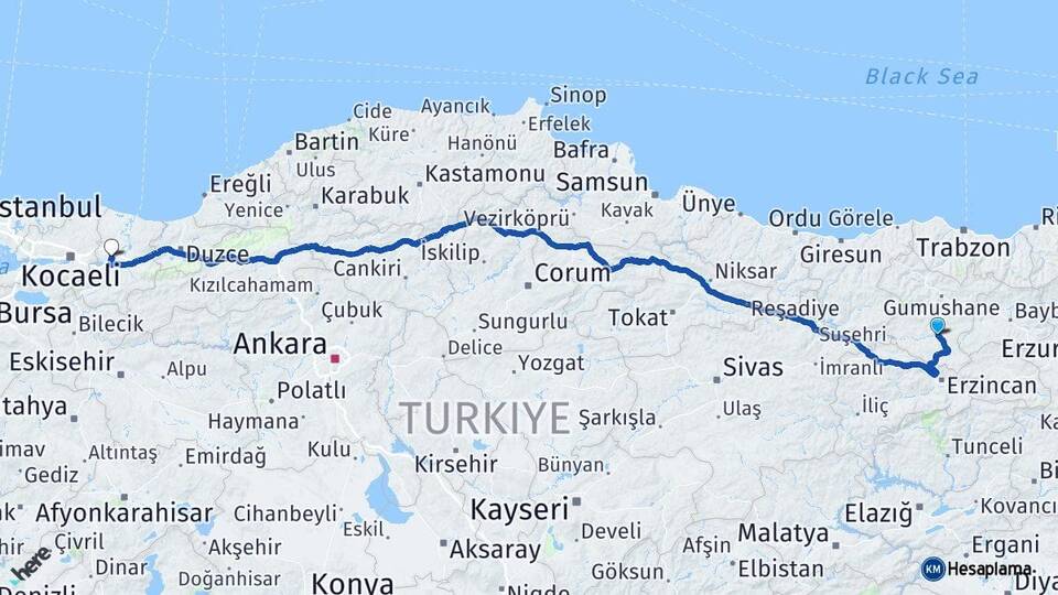 Gümüşhane Kelkit Sakarya Arası Kaç Km - Yol Haritası