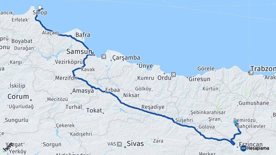 Gümüşhane Kelkit Sinop Arası Kaç Km - Yol Haritası