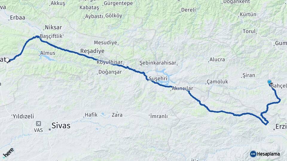 Gümüşhane Kelkit Tokat Arası Kaç Km - Yol Haritası