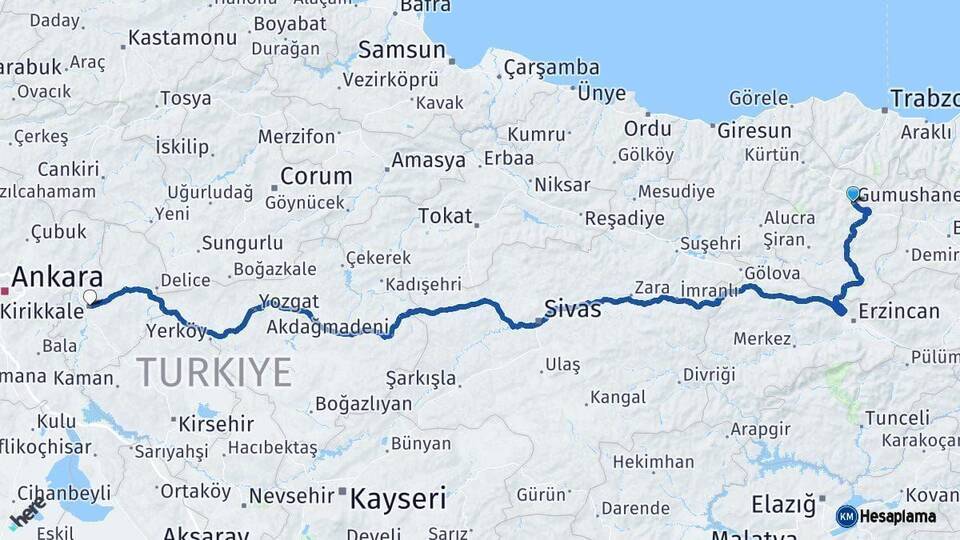Gümüşhane Kırıkkale Arası Kaç Km - Yol Haritası