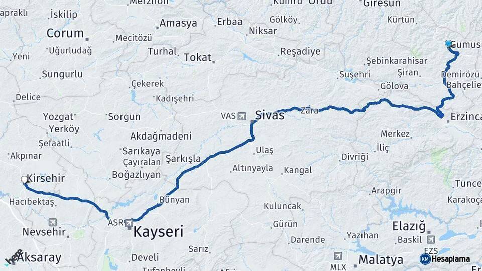 Gümüşhane Kırşehir Arası Kaç Km - Yol Haritası