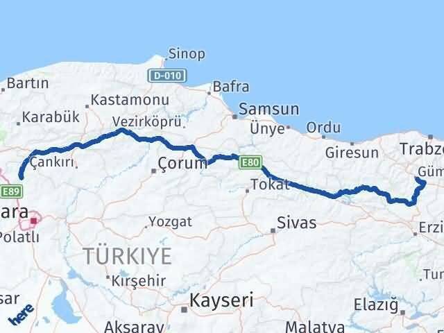 Gümüşhane Kızılcahamam Ankara Arası Kaç Km - Yol Haritası