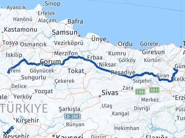 Gümüşhane Kızılırmak Çankırı Arası Kaç Km - Yol Haritası