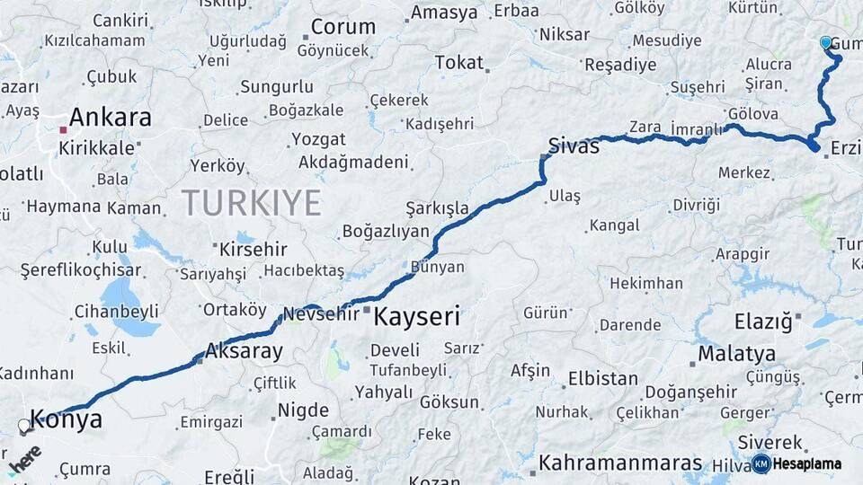 Gümüşhane Konya Arası Kaç Km - Yol Haritası
