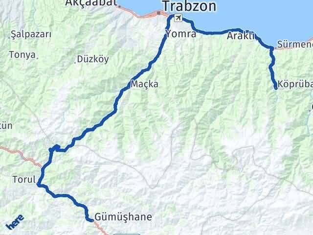 Gümüşhane Köprübaşı Trabzon Arası Kaç Km - Yol Haritası