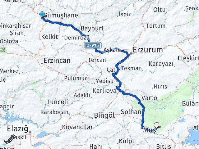 Gümüşhane Korkut Muş Arası Kaç Km - Yol Haritası