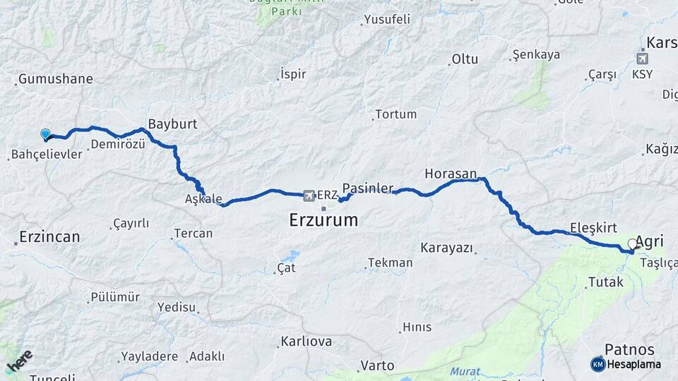 Gümüşhane Köse Ağrı Arası Kaç Km - Yol Haritası