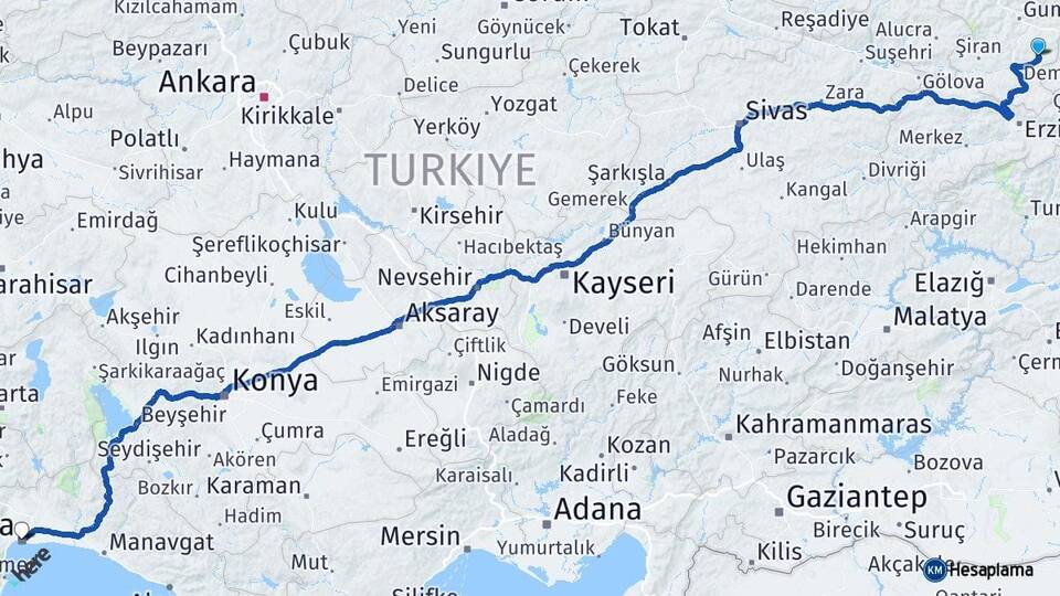 Gümüşhane Köse Antalya Arası Kaç Km - Yol Haritası