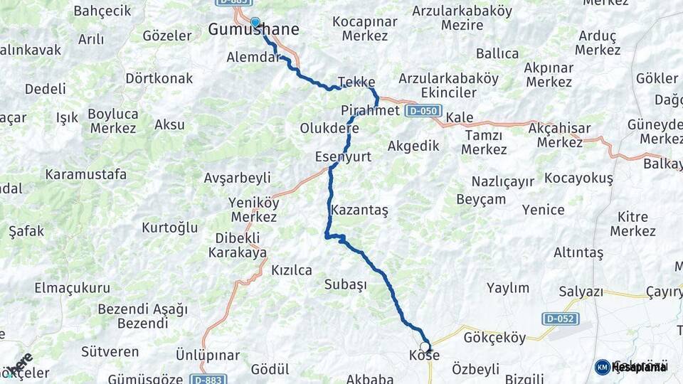 Gümüşhane Köse Arası Kaç Km - Yol Haritası