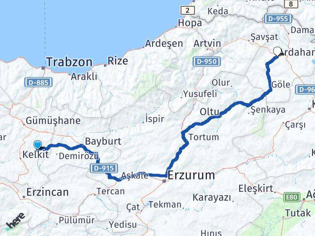 Gümüşhane Köse Ardahan Arası Kaç Km - Yol Haritası