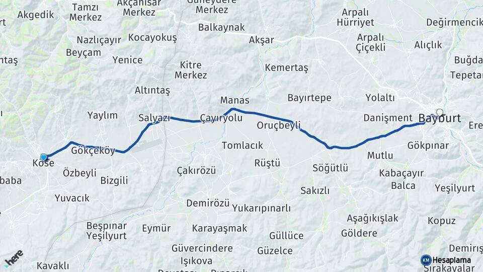 Gümüşhane Köse Bayburt Arası Kaç Km - Yol Haritası