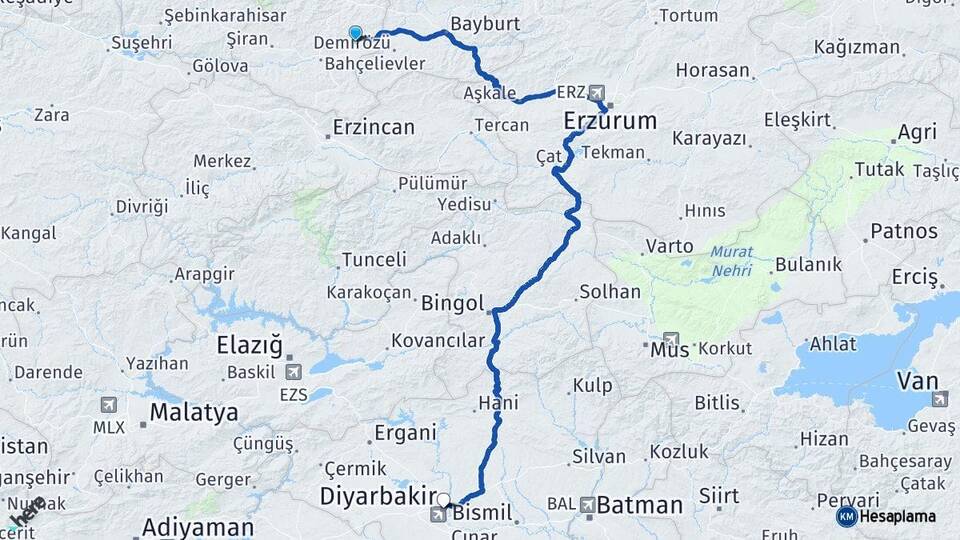 Gümüşhane Köse Diyarbakır Arası Kaç Km - Yol Haritası