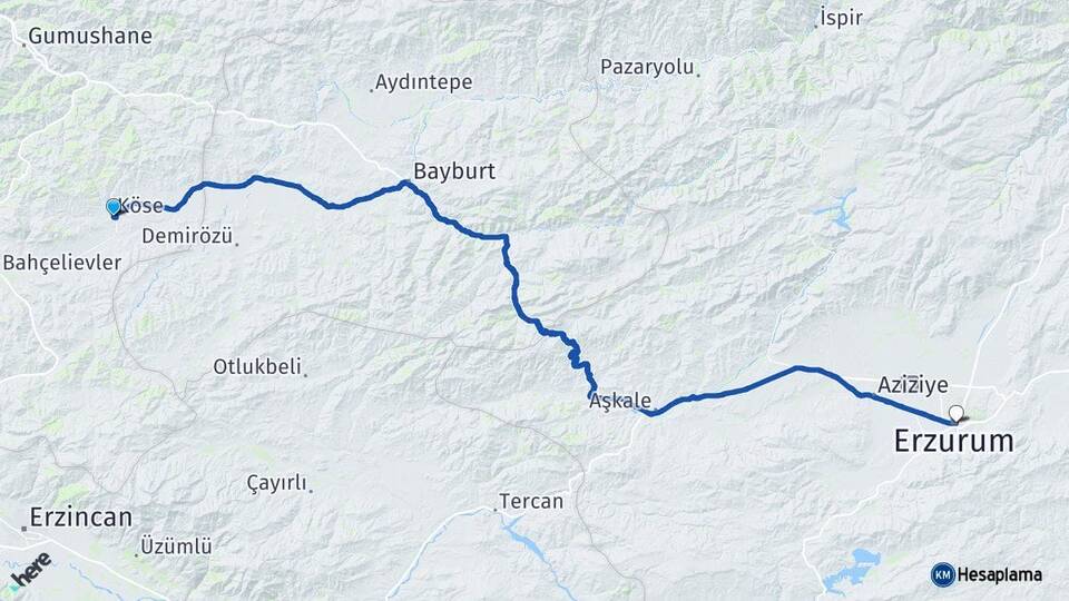Gümüşhane Köse Erzurum Arası Kaç Km - Yol Haritası