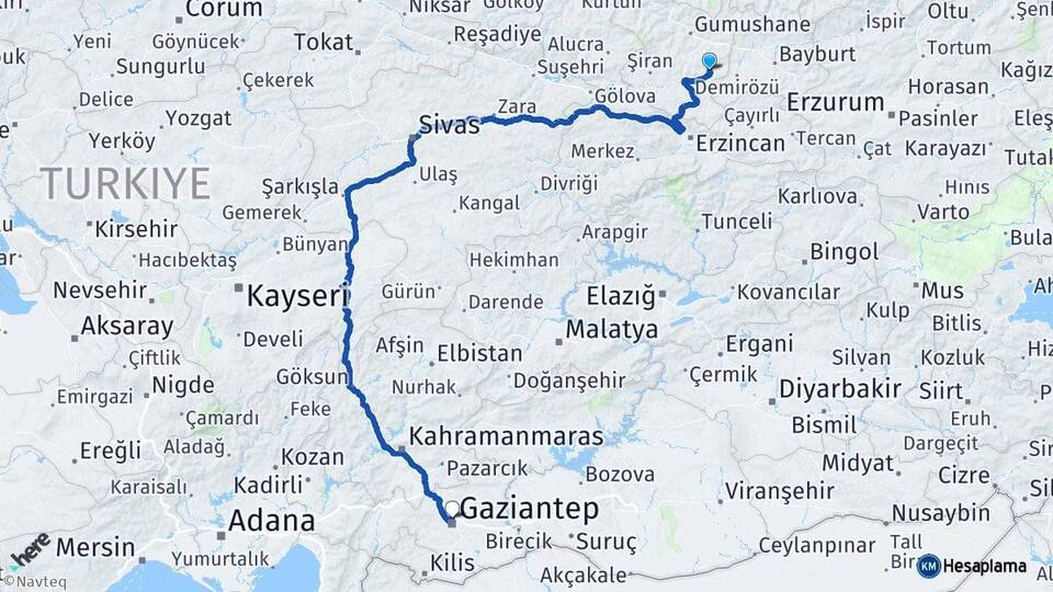 Gümüşhane Köse Gaziantep Arası Kaç Km - Yol Haritası