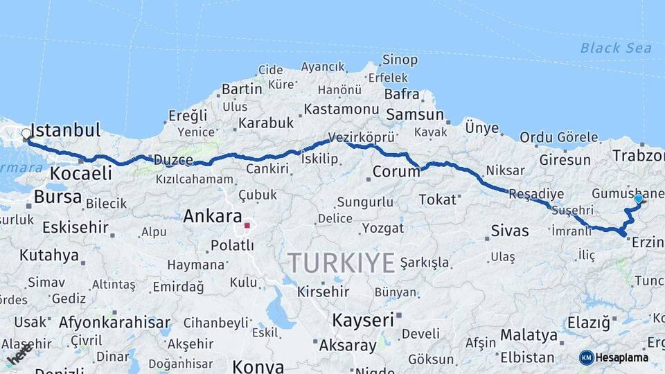 Gümüşhane Köse İstanbul Arası Kaç Km - Yol Haritası