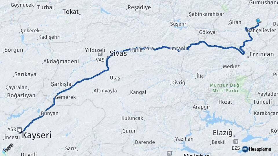 Gümüşhane Köse Kayseri Arası Kaç Km - Yol Haritası