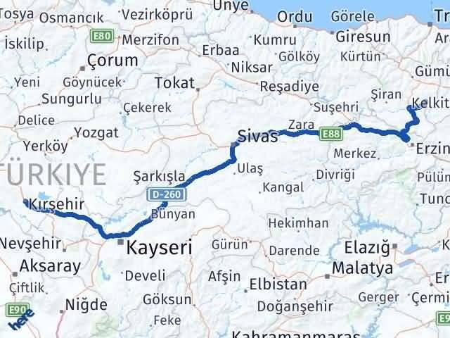 Gümüşhane Köse Kırşehir Arası Kaç Km - Yol Haritası