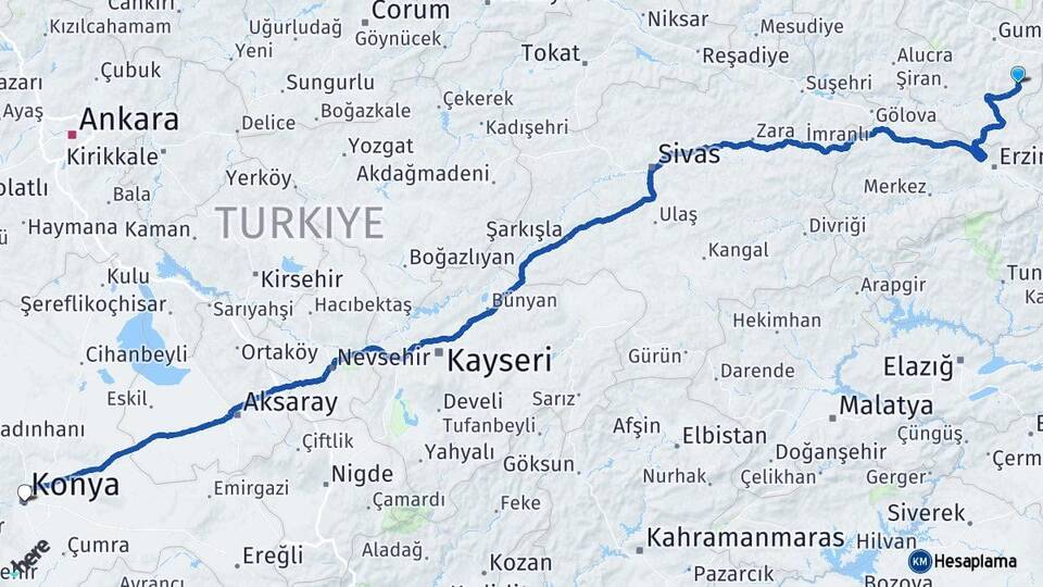 Gümüşhane Köse Konya Arası Kaç Km - Yol Haritası