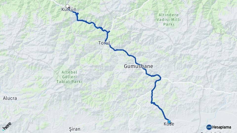 Gümüşhane Köse Kürtün Arası Kaç Km - Yol Haritası