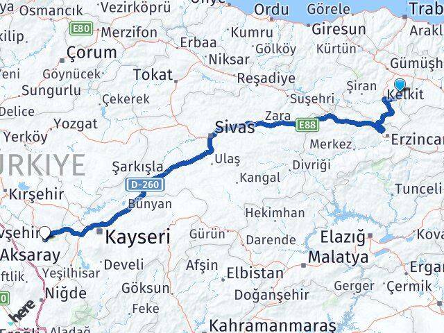 Gümüşhane Köse Nevşehir Arası Kaç Km - Yol Haritası