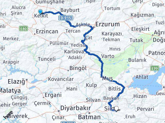 Gümüşhane Köse Siirt Arası Kaç Km - Yol Haritası
